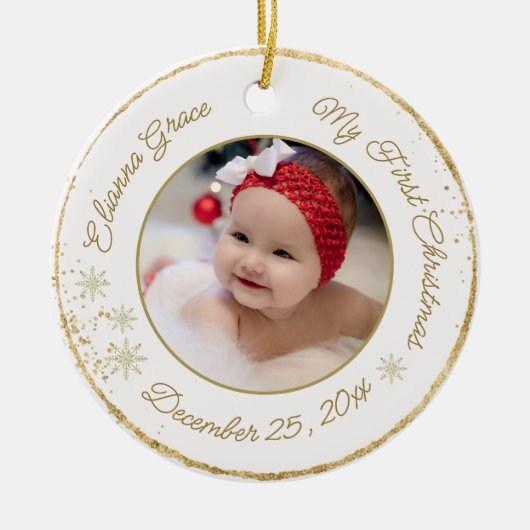 Gepersonaliseerde baby's eerste kerstfoto Glitter Keramisch Ornament (Voorkant)