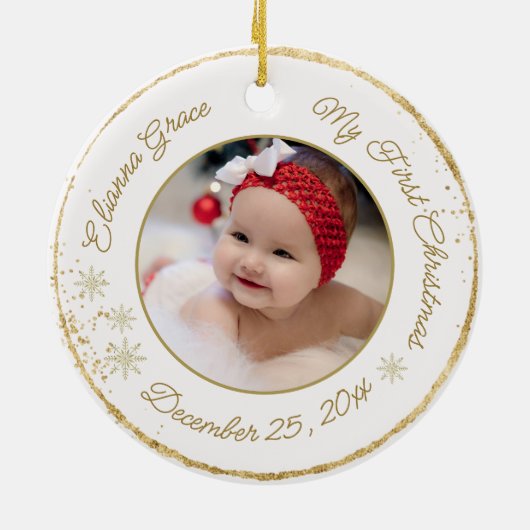 Gepersonaliseerde baby's eerste kerstfoto Glitter Keramisch Ornament (Achterkant)