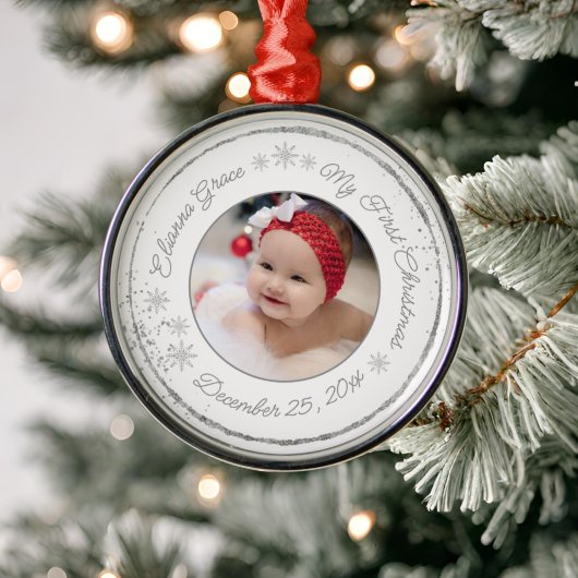 Gepersonaliseerde baby's eerste kerstfoto Glitter Metalen Ornament