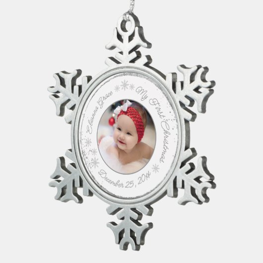 Gepersonaliseerde baby's eerste kerstfoto Glitter Tin Sneeuwvlok Ornament (Rechts)