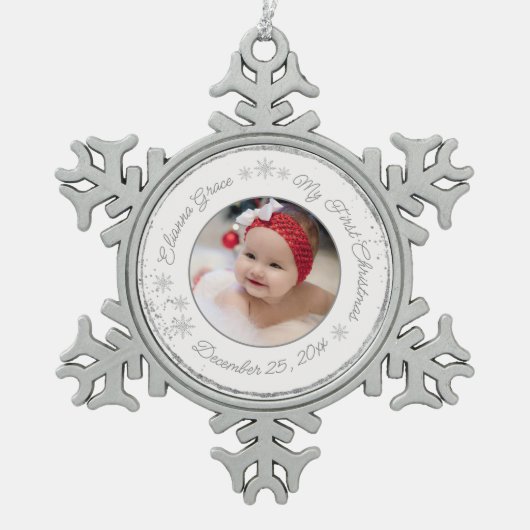Gepersonaliseerde baby's eerste kerstfoto Glitter Tin Sneeuwvlok Ornament (Voorkant)