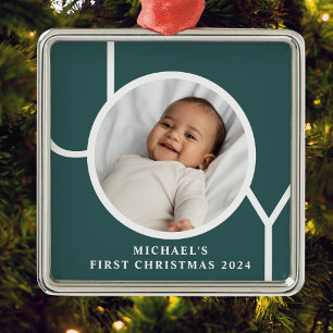 Gepersonaliseerde Baby's Eerste Kerstfoto Groen Metalen Ornament