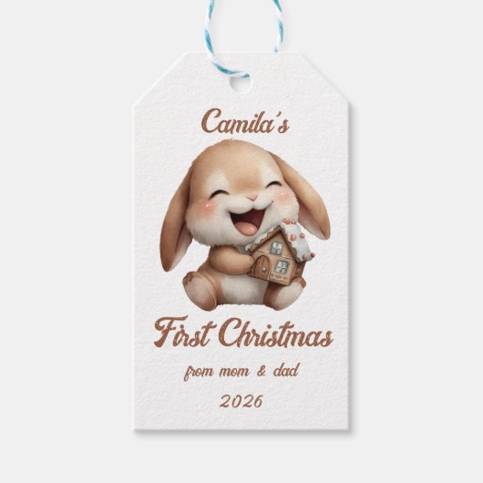 Gepersonaliseerde Baby's eerste kerstkonijn Cadeaulabel (Voorkant)