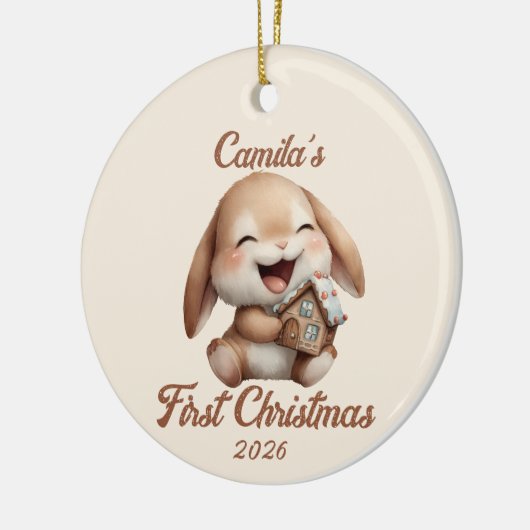 Gepersonaliseerde Baby's eerste kerstkonijn Keramisch Ornament (Links)