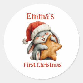 Gepersonaliseerde Baby's eerste kerstkonijn Ronde Sticker