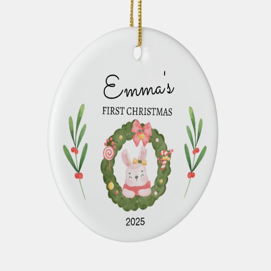 Gepersonaliseerde Baby's Eerste Kerstmis, Bunny Gi Keramisch Ornament (Rechts)