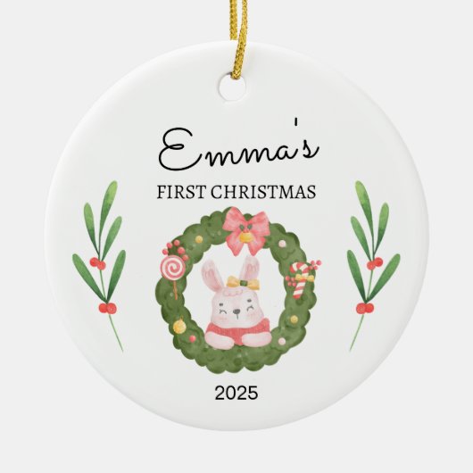 Gepersonaliseerde Baby's Eerste Kerstmis, Bunny Gi Keramisch Ornament (Voorkant)