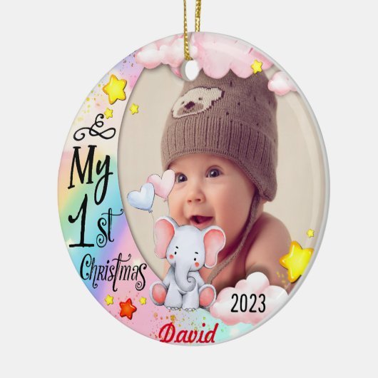 Gepersonaliseerde Baby's Eerste Kerstmis Foto Orna Keramisch Ornament (Links)