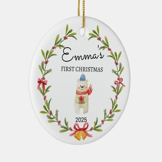 Gepersonaliseerde Baby's Eerste Kerstmis, Icebear  Keramisch Ornament (Rechts)