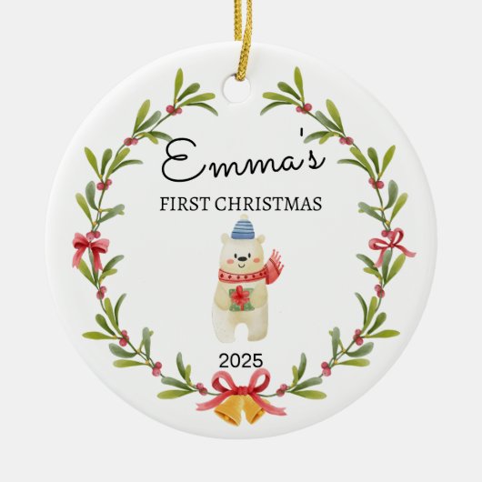 Gepersonaliseerde Baby's Eerste Kerstmis, Icebear Keramisch Ornament (Voorkant)