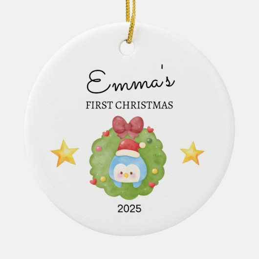 Gepersonaliseerde Baby's Eerste Kerstmis, Pinguïn Keramisch Ornament (Voorkant)