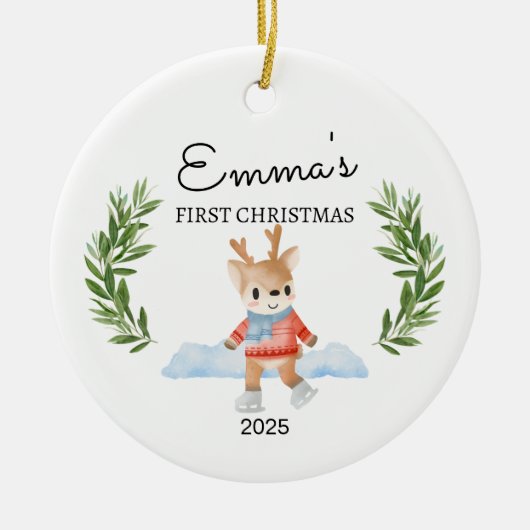 Gepersonaliseerde Baby's Eerste Kerstmis, Rendier Keramisch Ornament (Voorkant)