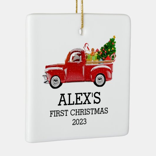 Gepersonaliseerde Baby's Eerste Kerstmis Rode Vrac Keramisch Ornament (Rechts)