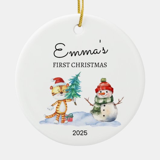 Gepersonaliseerde Baby's Eerste Kerstmis, Tijger G Keramisch Ornament (Voorkant)