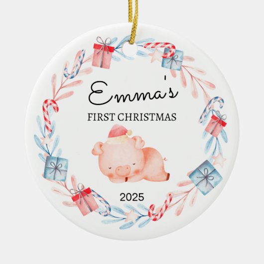 Gepersonaliseerde Baby's Eerste Kerstmis, Varkensc Keramisch Ornament (Voorkant)