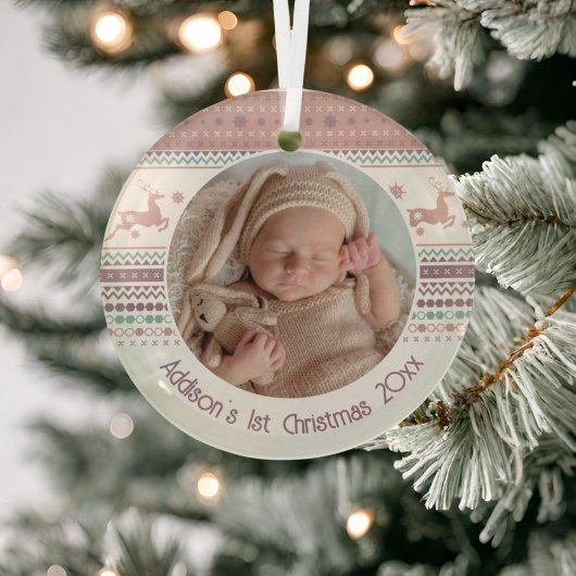 Gepersonaliseerde baby's eerste kerstroze rendiert glas ornament