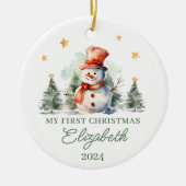 Gepersonaliseerde baby's eerste kerstsneeuwpop keramisch ornament (Voorkant)