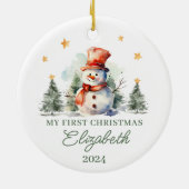 Gepersonaliseerde baby's eerste kerstsneeuwpop keramisch ornament (Achterkant)