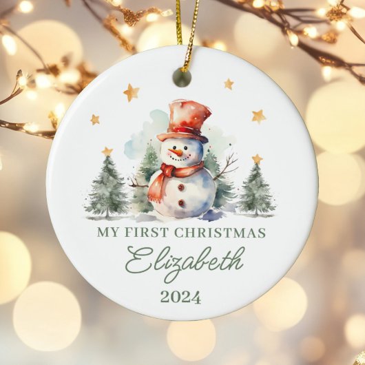 Gepersonaliseerde baby's eerste kerstsneeuwpop keramisch ornament