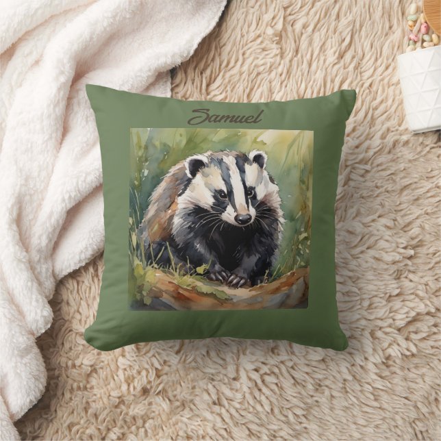 Gepersonaliseerde Badger in bosrijke omgeving Kussen (Deken)