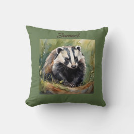 Gepersonaliseerde Badger in bosrijke omgeving Kussen