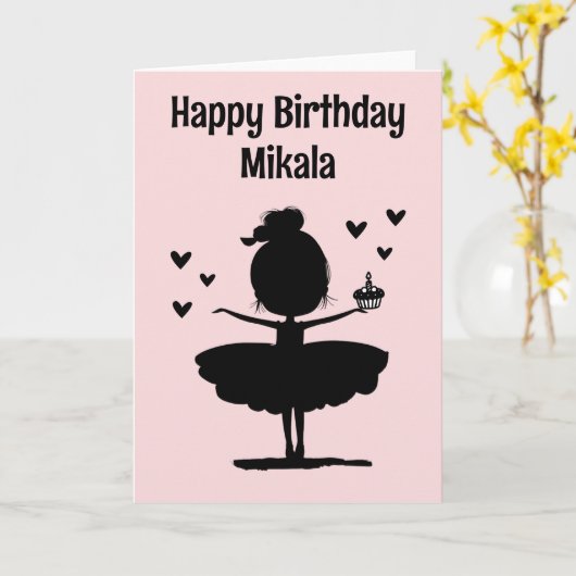 Gepersonaliseerde Ballerina Silhouette Verjaardag Kaart (Gele Bloem)
