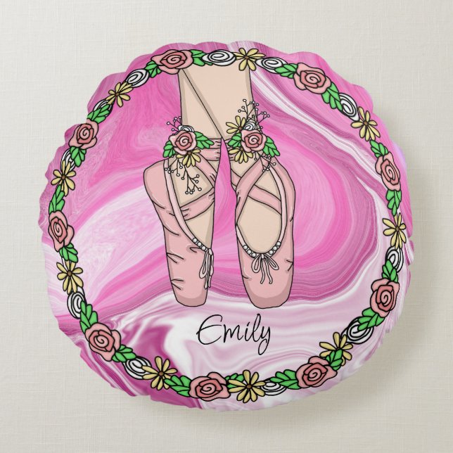 Gepersonaliseerde ballet Slippers Roze en witte ma Rond Kussen (Voorkant)