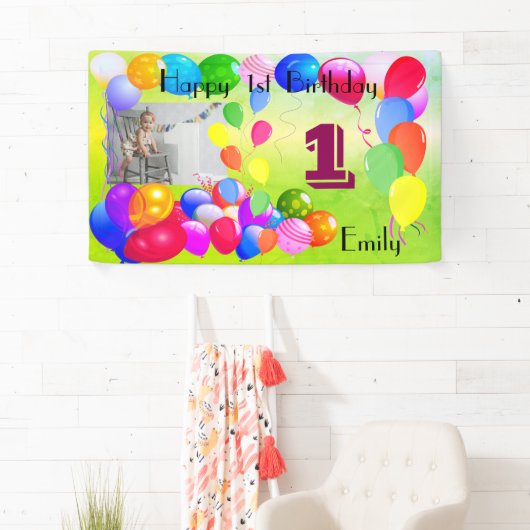 Gepersonaliseerde ballonnen Ontwerp Happy 1st Birt Spandoek (Insitu)