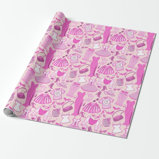 Gepersonaliseerde Barbiecore Roze en Hot Pink Mode Cadeaupapier (Uitgerold)