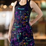 Gepersonaliseerde barman naam, heldere neon cockta schort<br><div class="desc">Een leuk schort met een lichte neon cocktailbril. Voeg een naam of aangepaste tekst toe om te personaliseren. Perfect voor een barman,  mixoloog en iedereen die geniet van cocktails</div>