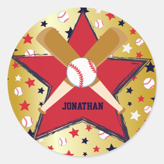 Gepersonaliseerde Baseball Bats Ball en Stars Gold Ronde Sticker (Voorkant)