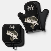 Gepersonaliseerde Bass Gevist Monogram Buitenshuis Ovenwant & Pannenlap Set (Voorkant / Achterkant)