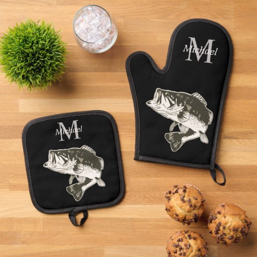 Gepersonaliseerde Bass Gevist Monogram Buitenshuis Ovenwant & Pannenlap Set (Top down)