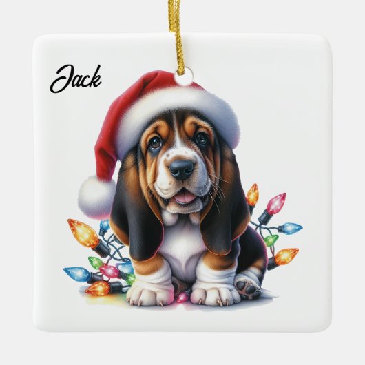 Gepersonaliseerde Bassett Hound Kerstman Keramisch Ornament (Voorkant)