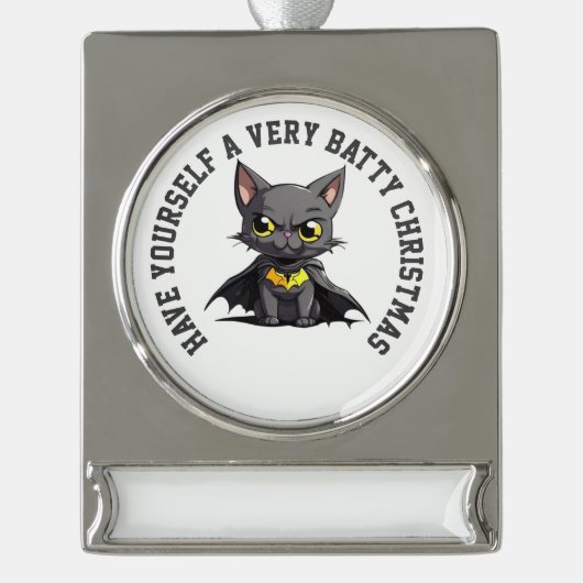 Gepersonaliseerde Batcat Batty Christmas Verzilverd Banner Ornament (Voorkant)