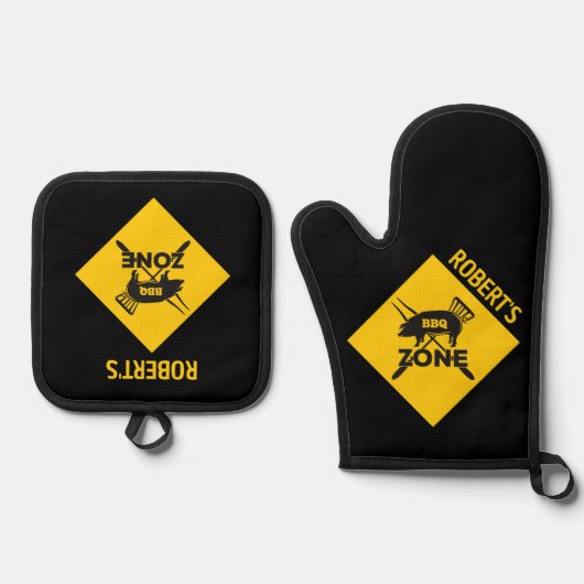 Gepersonaliseerde BBQ Zone waarschuwingsteken ontw Ovenwant & Pannenlap Set (Voorkant)