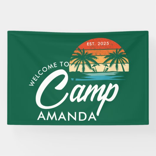 Gepersonaliseerde Beach Camp Bachelorette Party Cu Spandoek (Horizontaal)