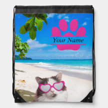 Gepersonaliseerde Beach Cat Drawstring Bag