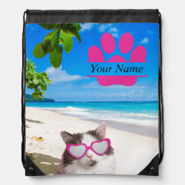 Gepersonaliseerde Beach Cat Drawstring Bag Trekkoord Rugzakje