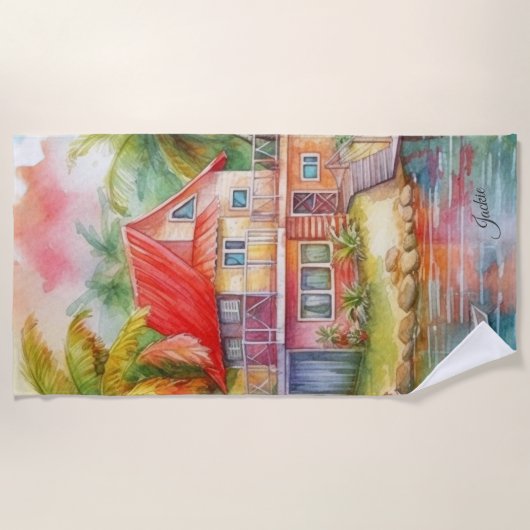 Gepersonaliseerde Beach House Bungalow Strandlaken (Voorkant)