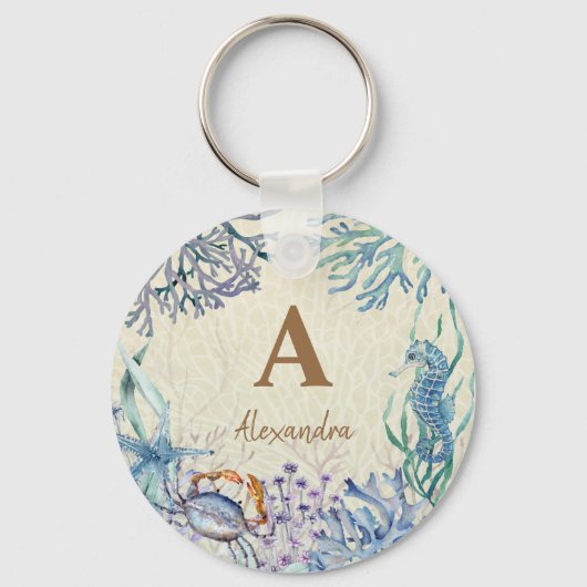 Gepersonaliseerde Beach Monogram Koraalrif Sleutelhanger (Achterkant)