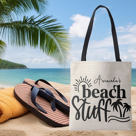 Gepersonaliseerde "Beach stuff" canvas look Tote Bag