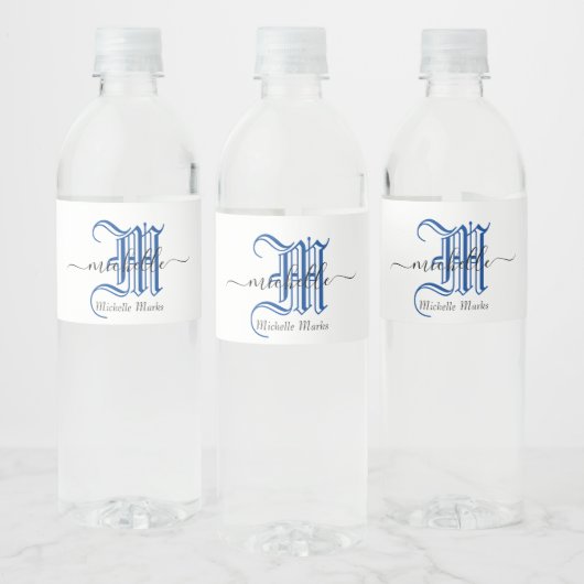 gepersonaliseerde bedrijfsnaam blauwe monogram ini waterfles etiket (Flessen)