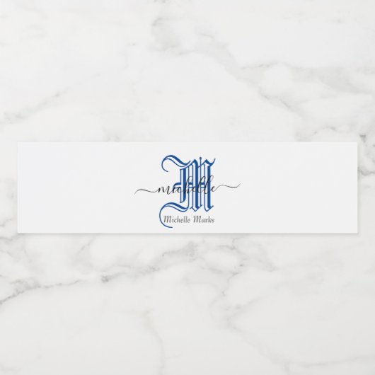 gepersonaliseerde bedrijfsnaam blauwe monogram ini waterfles etiket (Enkel label)