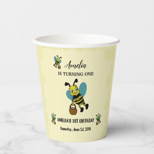 Gepersonaliseerde Bee thema 1e Verjaardagsfeest Papieren Bekers (Voorkant)