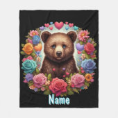 Gepersonaliseerde Beer Cub met Rozen en harten Fleece Deken (Voorkant)