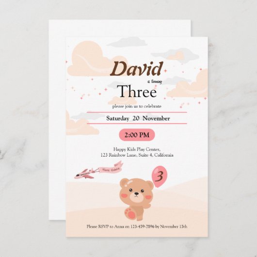 Gepersonaliseerde Beer verjaardagsuitnodiging voor Kaart (Voorkant / Achterkant)