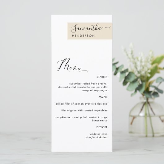 Gepersonaliseerde Beige Cream met Gastennaam Elega Menu (Staand voorkant)