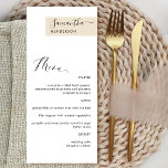 Gepersonaliseerde Beige Cream met Gastennaam Elega Menu<br><div class="desc">Waarom zou je in-place kaarten en menukaarten uitgeven als je een elegante All-in-one elegante Menu kunt laten personaliseren met de naam van elke gast? Hedendaags, eenvoudig en elegant ontwerp met prachtige moderne handgeschreven kalligrafie. Een streep in de rechterbovenhoek in een beige crèmekleurige toon met de naam van de gast in...</div>