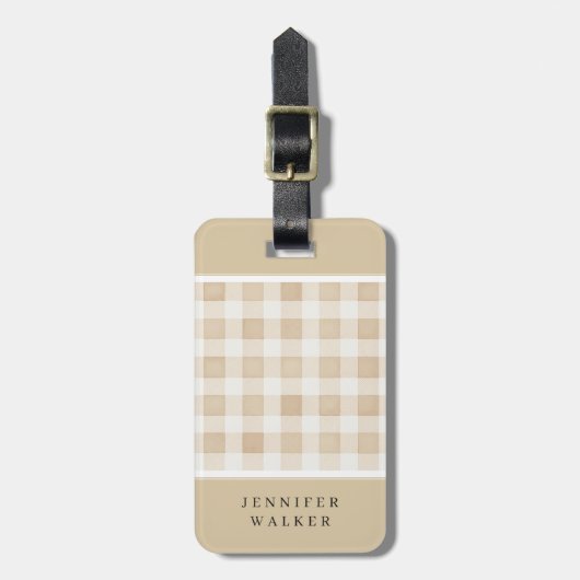 Gepersonaliseerde beige geruite bagagelabel (Voorkant verticaal)